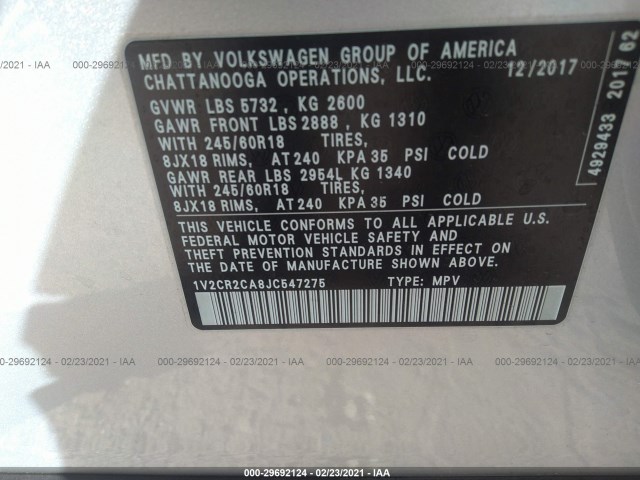 Photo 8 VIN: 1V2CR2CA8JC547275 - VOLKSWAGEN ATLAS 