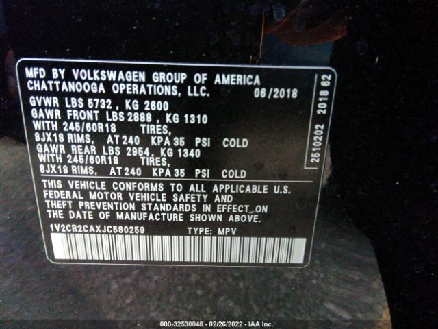 Photo 8 VIN: 1V2CR2CAXJC580259 - VOLKSWAGEN ATLAS 