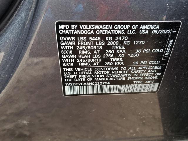 Photo 12 VIN: 1V2DC2CA8NC222704 - VOLKSWAGEN ATLAS CROS 