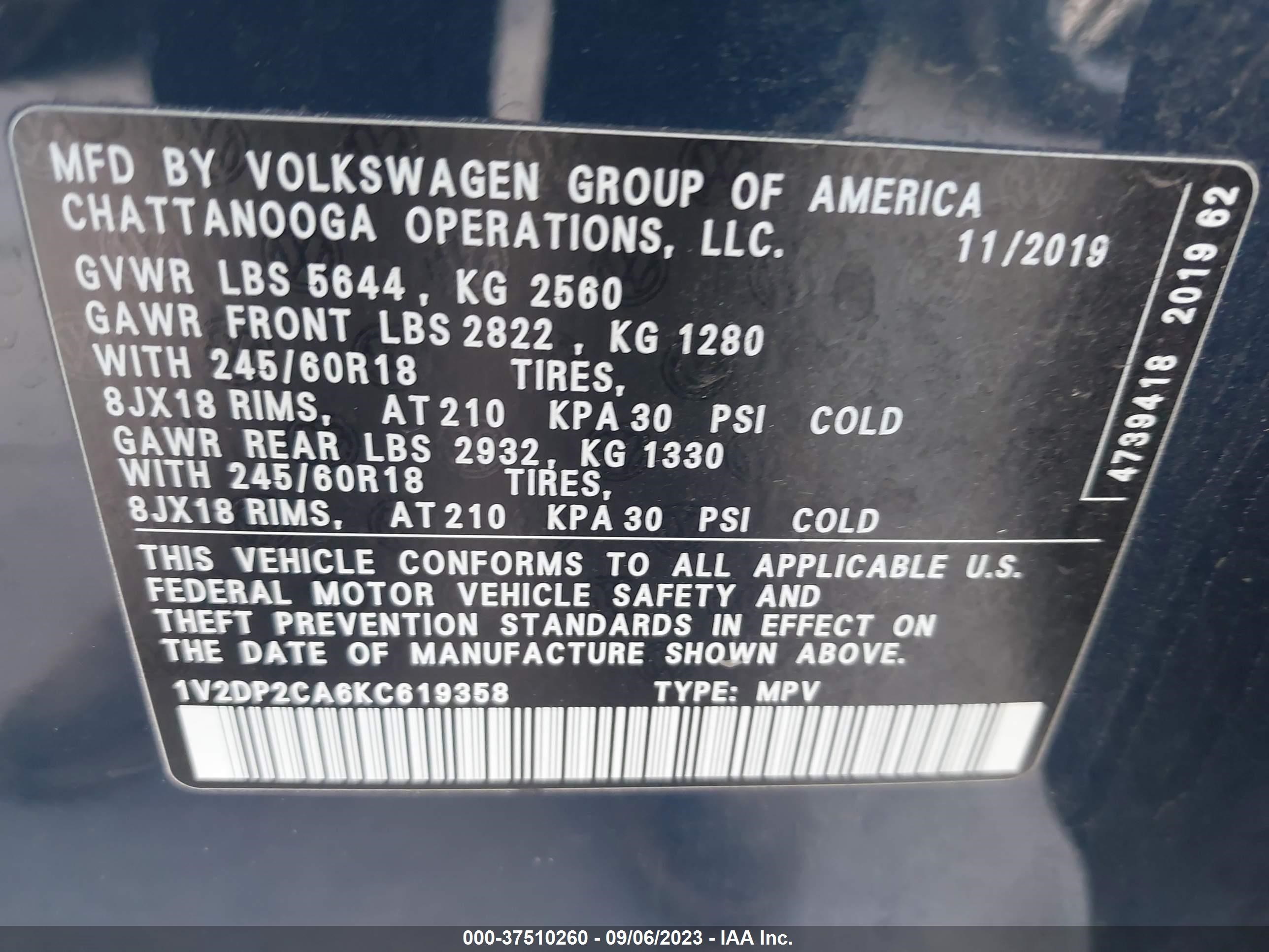 Photo 8 VIN: 1V2DP2CA6KC619358 - VOLKSWAGEN ATLAS 