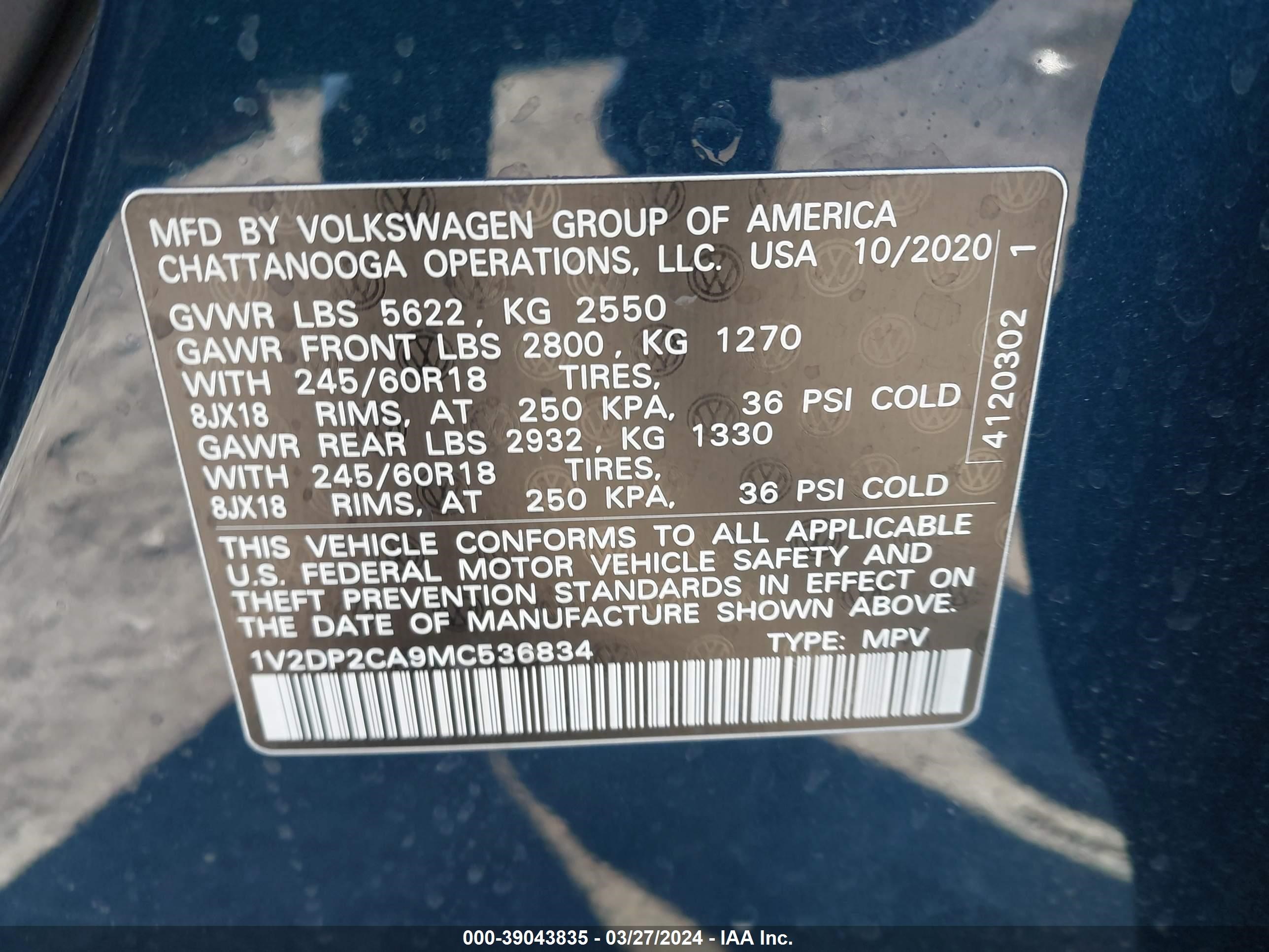 Photo 8 VIN: 1V2DP2CA9MC536834 - VOLKSWAGEN ATLAS 