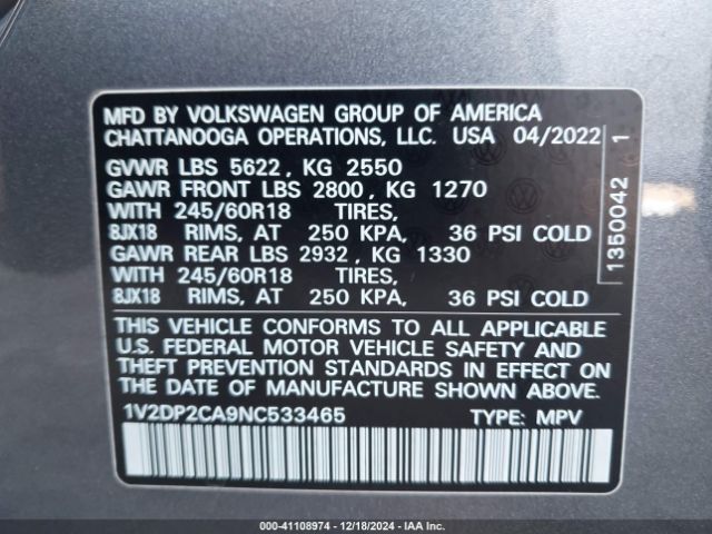 Photo 8 VIN: 1V2DP2CA9NC533465 - VOLKSWAGEN ATLAS 