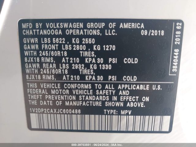 Photo 8 VIN: 1V2DP2CAXJC600486 - VOLKSWAGEN ATLAS 