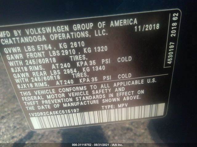 Photo 8 VIN: 1V2DR2CA0KC515197 - VOLKSWAGEN ATLAS 