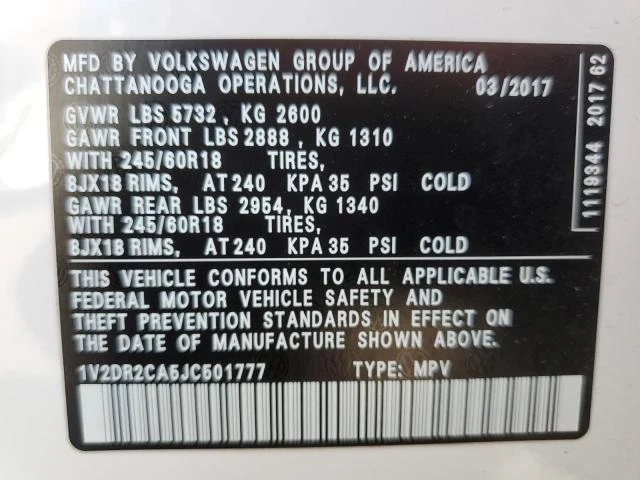 Photo 12 VIN: 1V2DR2CA5JC501777 - VOLKSWAGEN ATLAS SE 