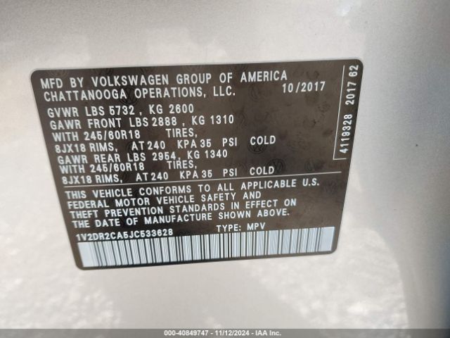 Photo 8 VIN: 1V2DR2CA5JC533628 - VOLKSWAGEN ATLAS 