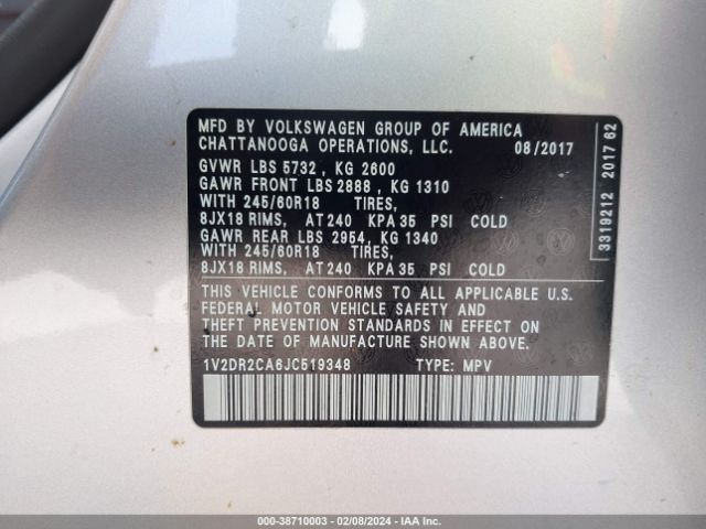 Photo 8 VIN: 1V2DR2CA6JC519348 - VOLKSWAGEN ATLAS 