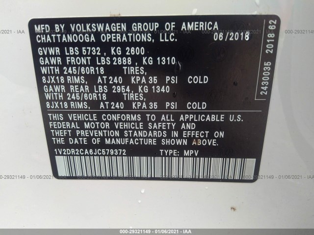 Photo 8 VIN: 1V2DR2CA6JC579372 - VOLKSWAGEN ATLAS 