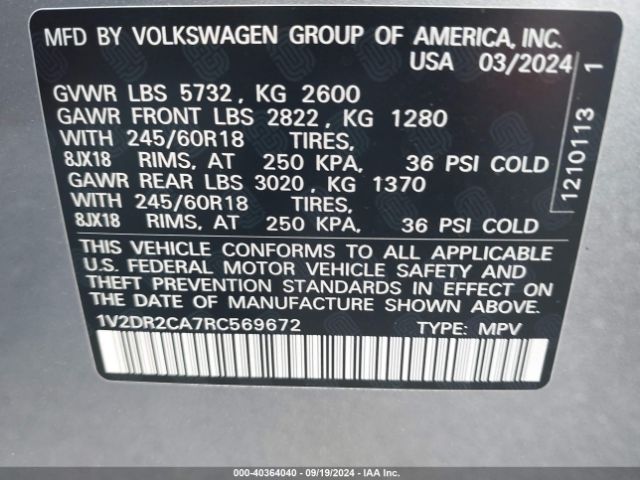 Photo 8 VIN: 1V2DR2CA7RC569672 - VOLKSWAGEN ATLAS 