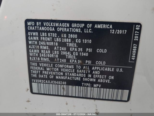 Photo 8 VIN: 1V2DR2CAXJC548240 - VOLKSWAGEN ATLAS 