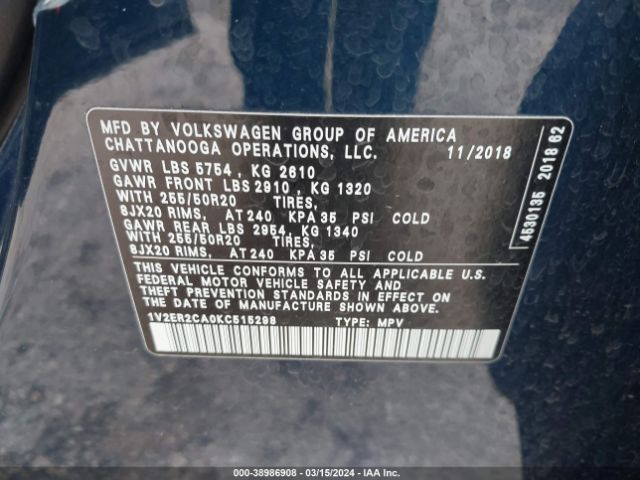 Photo 8 VIN: 1V2ER2CA0KC515298 - VOLKSWAGEN ATLAS 