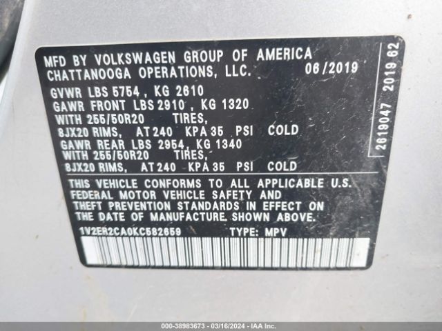 Photo 8 VIN: 1V2ER2CA0KC582659 - VOLKSWAGEN ATLAS 