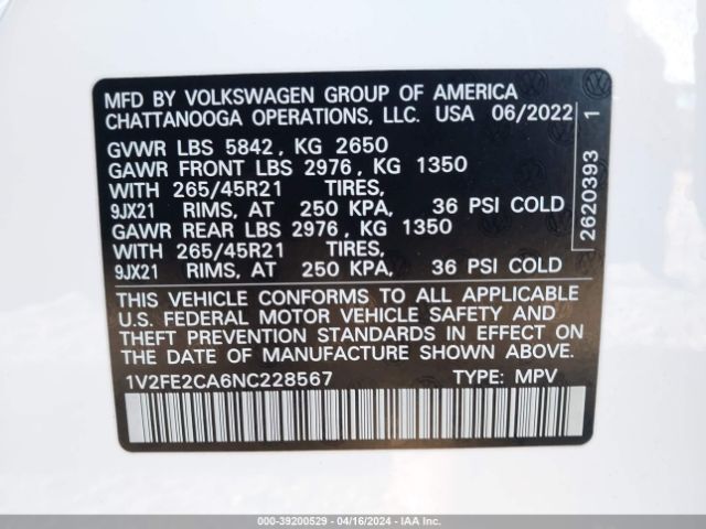 Photo 8 VIN: 1V2FE2CA6NC228567 - VOLKSWAGEN ATLAS CROSS SPORT 