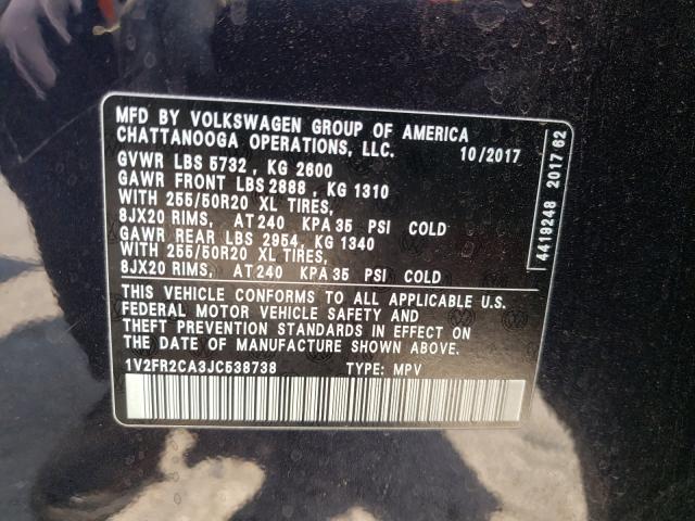 Photo 9 VIN: 1V2FR2CA3JC538738 - VOLKSWAGEN ATLAS 