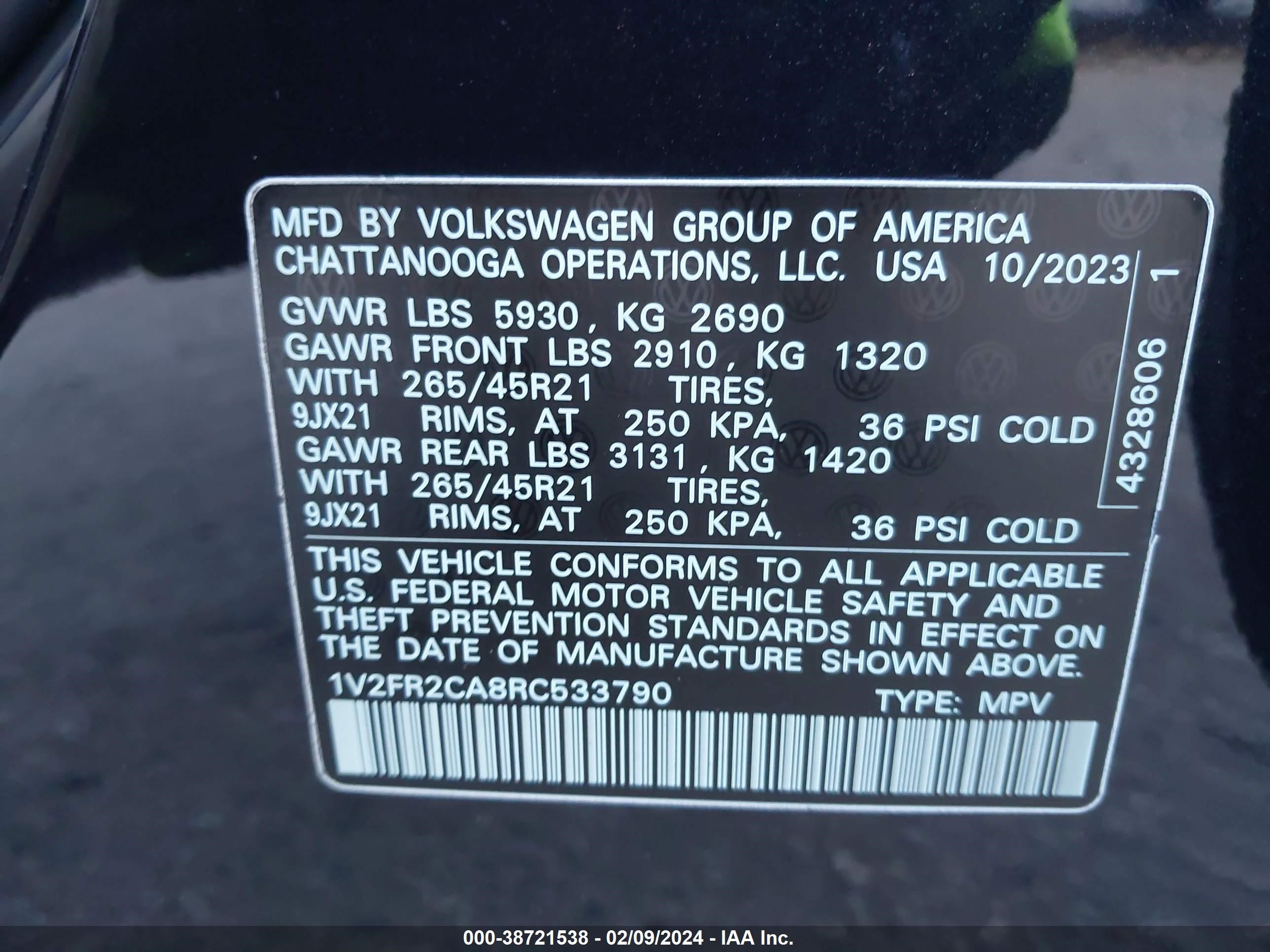 Photo 8 VIN: 1V2FR2CA8RC533790 - VOLKSWAGEN ATLAS 