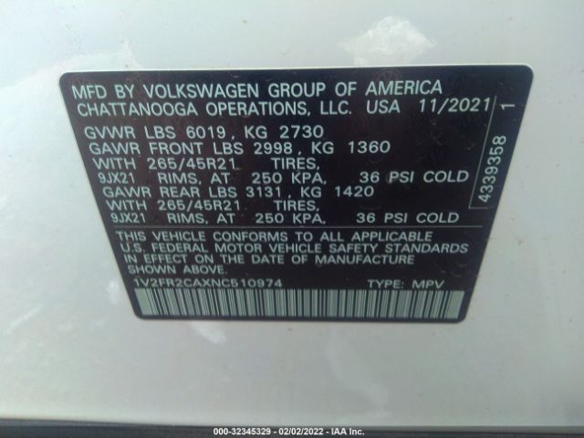 Photo 8 VIN: 1V2FR2CAXNC510974 - VOLKSWAGEN ATLAS 