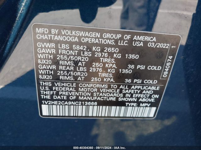 Photo 8 VIN: 1V2HE2CA9NC213666 - VOLKSWAGEN ATLAS CROSS SPORT 