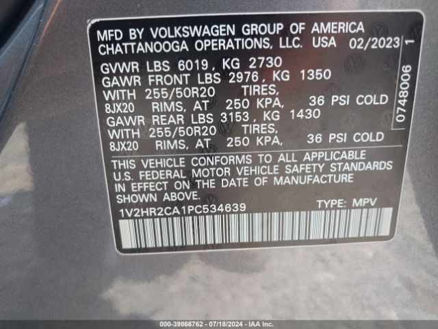 Photo 8 VIN: 1V2HR2CA1PC534639 - VOLKSWAGEN ATLAS 