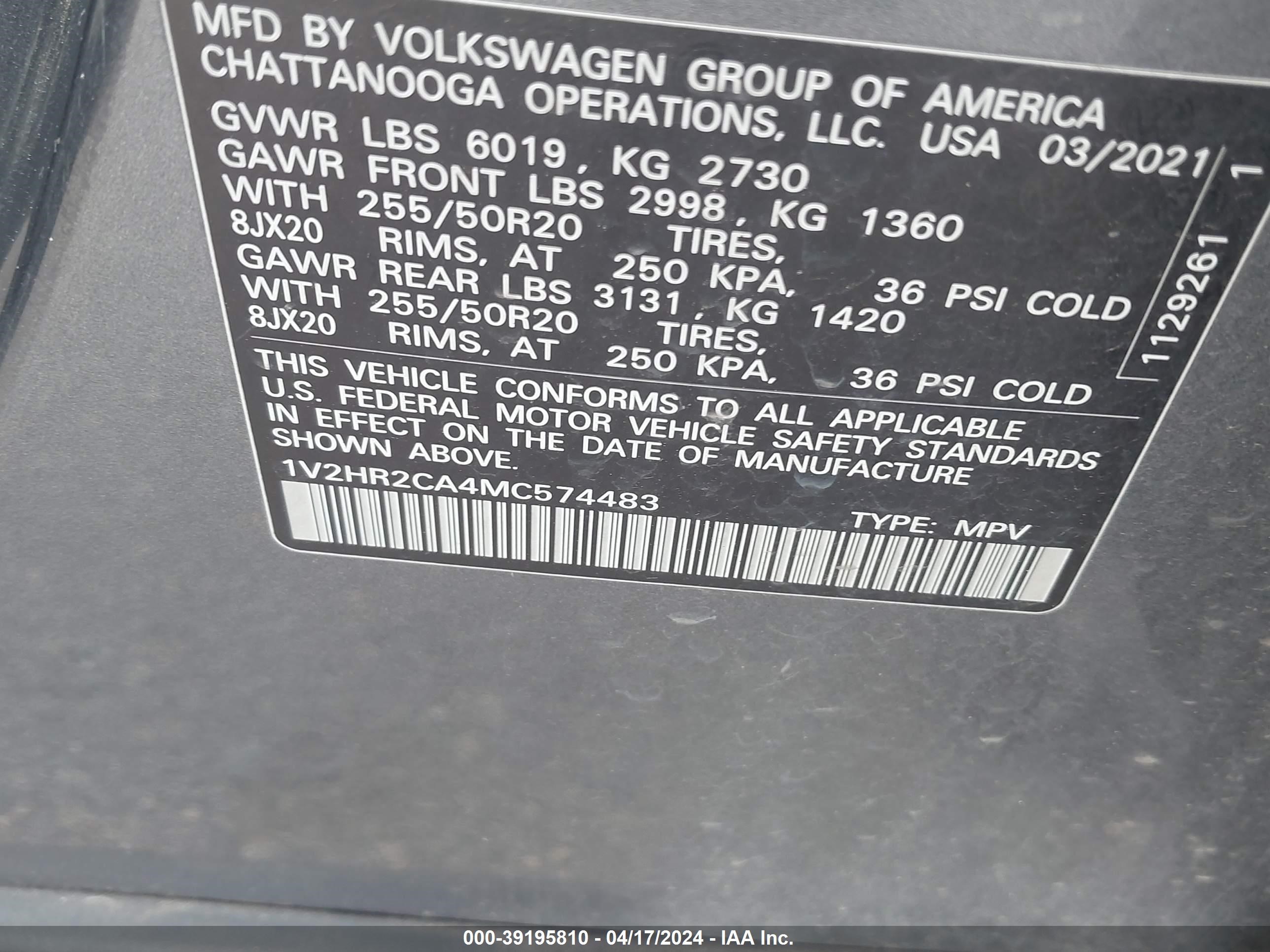 Photo 8 VIN: 1V2HR2CA4MC574483 - VOLKSWAGEN ATLAS 