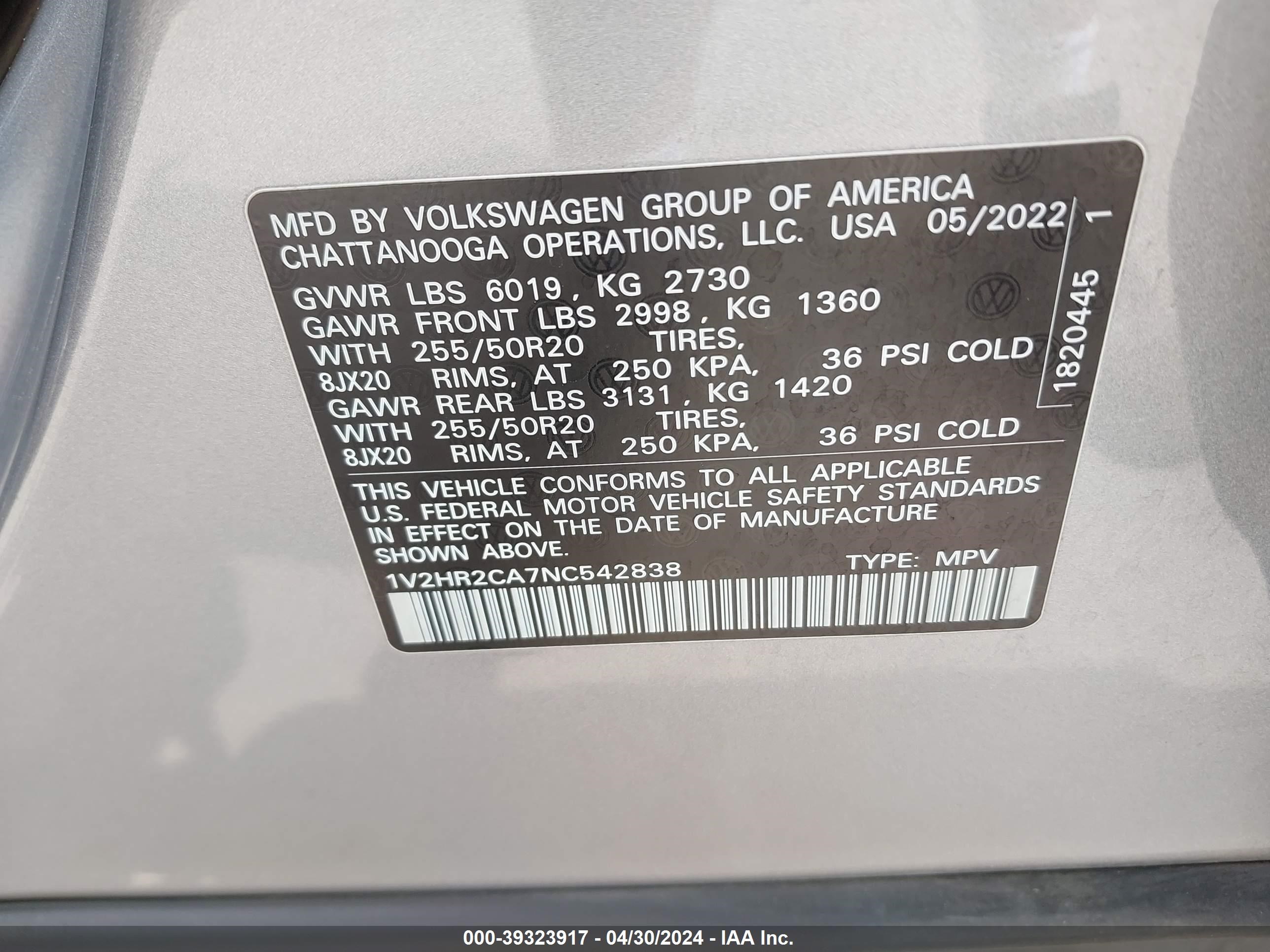 Photo 8 VIN: 1V2HR2CA7NC542838 - VOLKSWAGEN ATLAS 