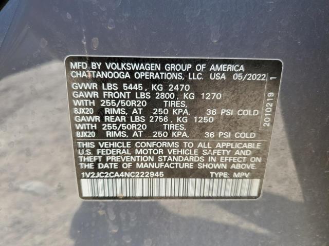 Photo 12 VIN: 1V2JC2CA4NC222945 - VOLKSWAGEN ATLAS CROS 