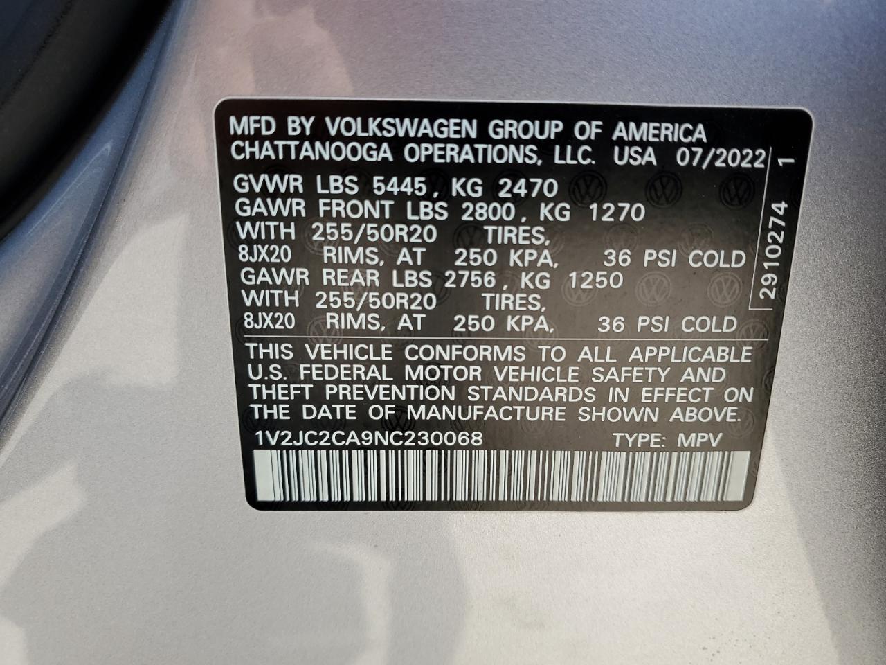 Photo 12 VIN: 1V2JC2CA9NC230068 - VOLKSWAGEN ATLAS CROS 