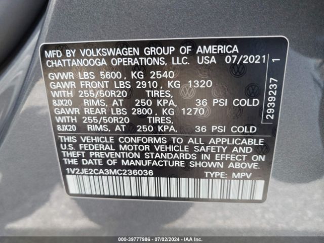 Photo 8 VIN: 1V2JE2CA3MC236036 - VOLKSWAGEN ATLAS CROSS SPORT 