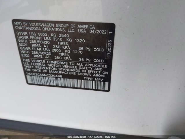 Photo 8 VIN: 1V2JE2CA5NC220468 - VOLKSWAGEN ATLAS CROSS SPORT 