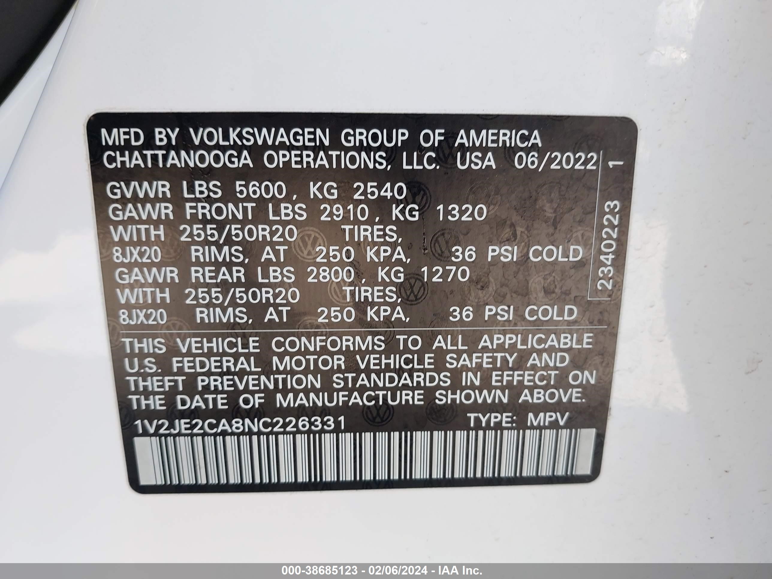 Photo 8 VIN: 1V2JE2CA8NC226331 - VOLKSWAGEN ATLAS CROSS SPORT 