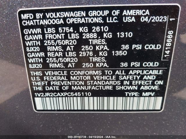 Photo 8 VIN: 1V2JR2CAXPC545110 - VOLKSWAGEN ATLAS 