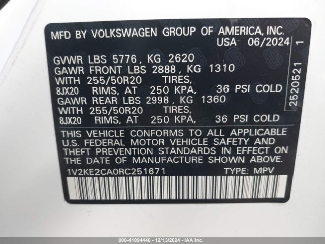 Photo 8 VIN: 1V2KE2CA0RC251671 - VOLKSWAGEN ATLAS CROSS SPORT 