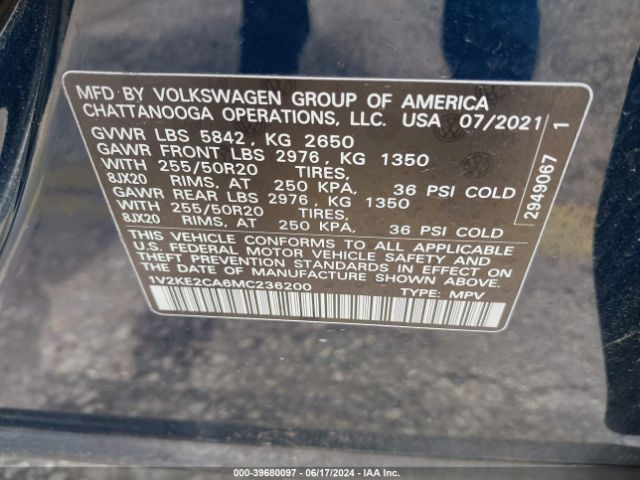 Photo 8 VIN: 1V2KE2CA6MC236200 - VOLKSWAGEN ATLAS CROSS SPORT 