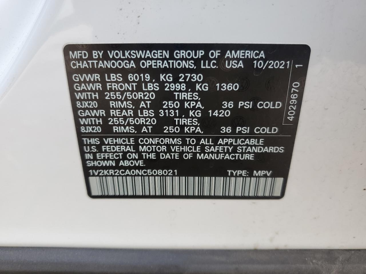 Photo 11 VIN: 1V2KR2CA0NC508021 - VOLKSWAGEN ATLAS 