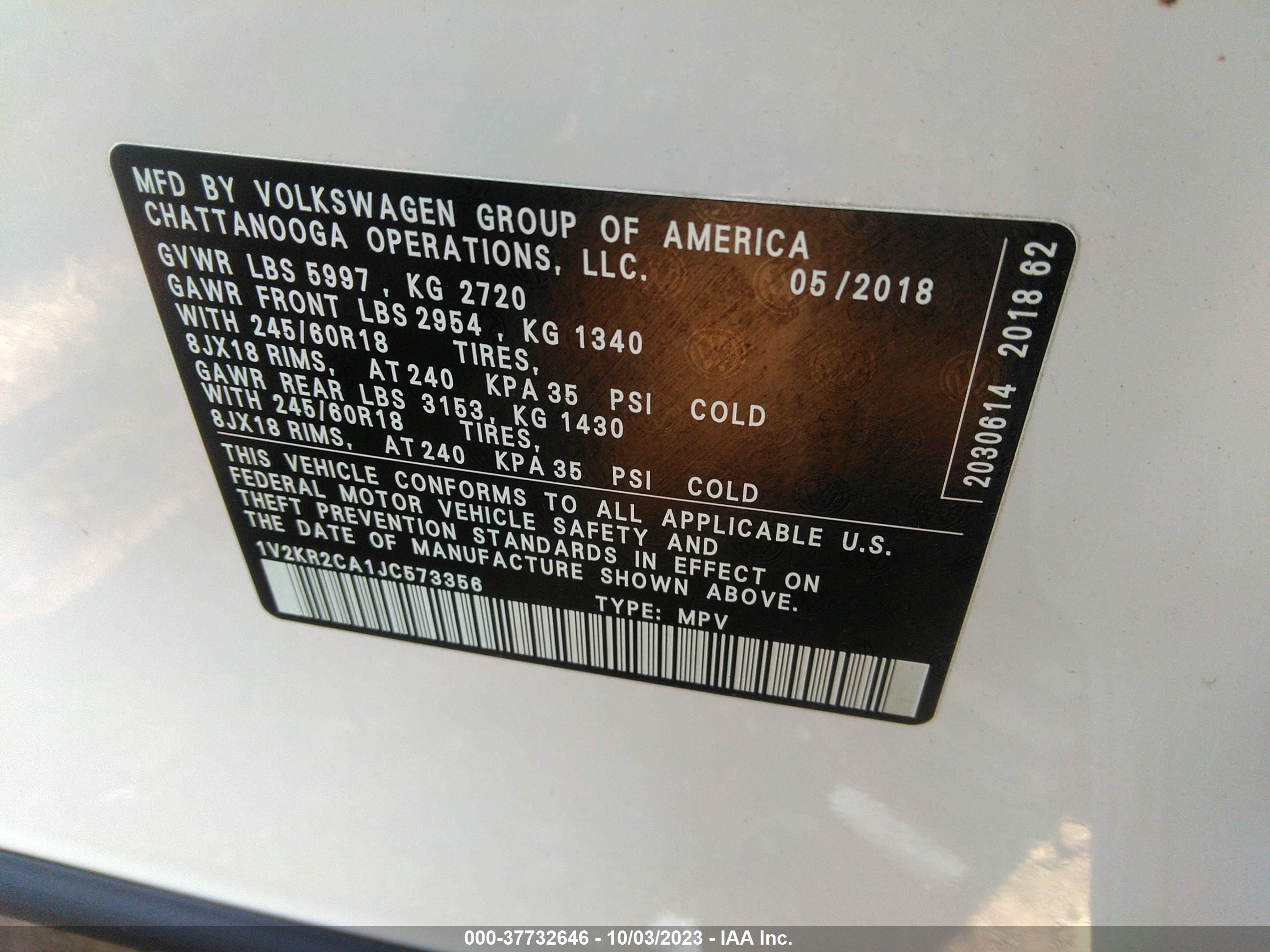 Photo 8 VIN: 1V2KR2CA1JC573356 - VOLKSWAGEN ATLAS 