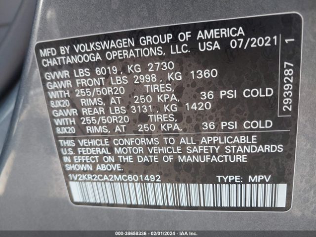 Photo 8 VIN: 1V2KR2CA2MC601492 - VOLKSWAGEN ATLAS 