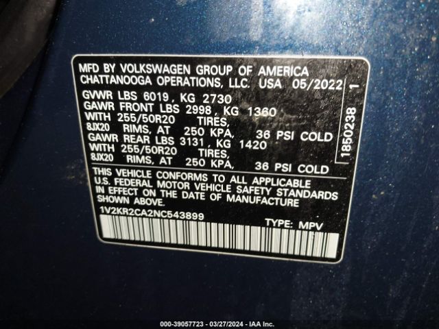 Photo 8 VIN: 1V2KR2CA2NC543899 - VOLKSWAGEN ATLAS 