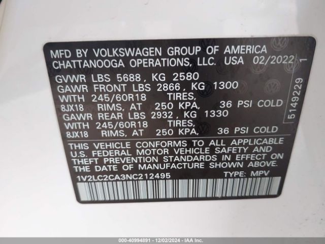 Photo 8 VIN: 1V2LC2CA3NC212495 - VOLKSWAGEN ATLAS CROSS SPORT 