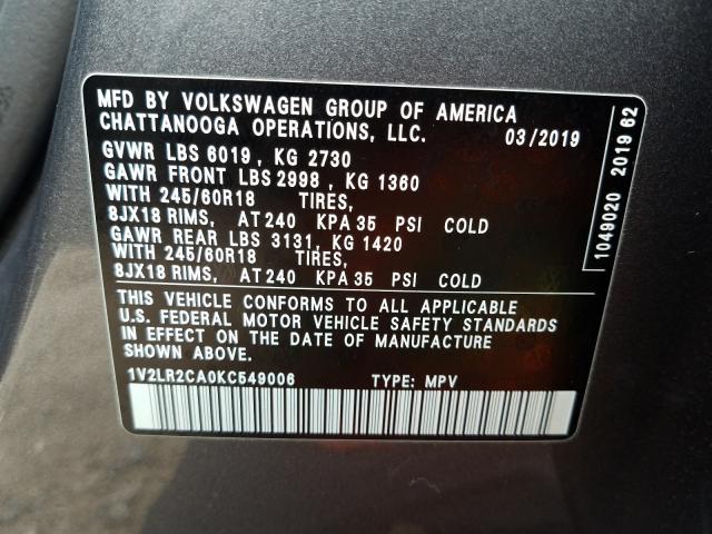 Photo 9 VIN: 1V2LR2CA0KC549006 - VOLKSWAGEN ATLAS SE 