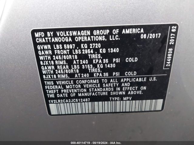 Photo 8 VIN: 1V2LR2CA2JC512487 - VOLKSWAGEN ATLAS 