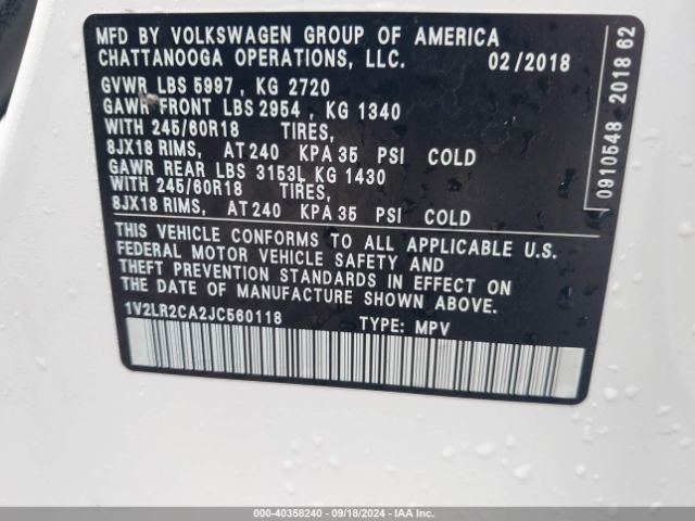 Photo 8 VIN: 1V2LR2CA2JC560118 - VOLKSWAGEN ATLAS 