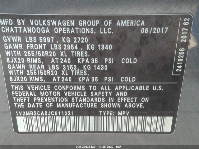 Photo 8 VIN: 1V2MR2CA0JC511231 - VOLKSWAGEN ATLAS 