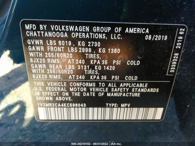 Photo 8 VIN: 1V2MR2CA4KC596043 - VOLKSWAGEN ATLAS 