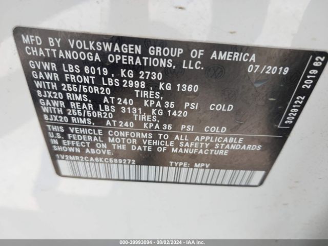 Photo 8 VIN: 1V2MR2CA6KC589272 - VOLKSWAGEN ATLAS 