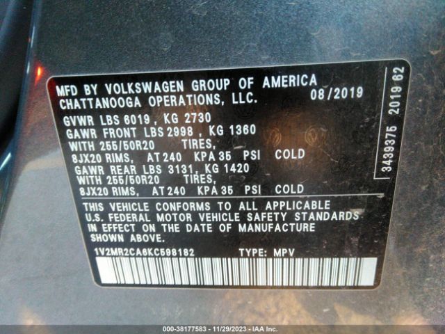 Photo 8 VIN: 1V2MR2CA6KC598182 - VOLKSWAGEN ATLAS 