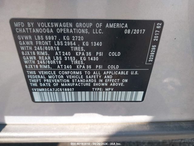 Photo 8 VIN: 1V2MR2CA7JC518807 - VOLKSWAGEN ATLAS 