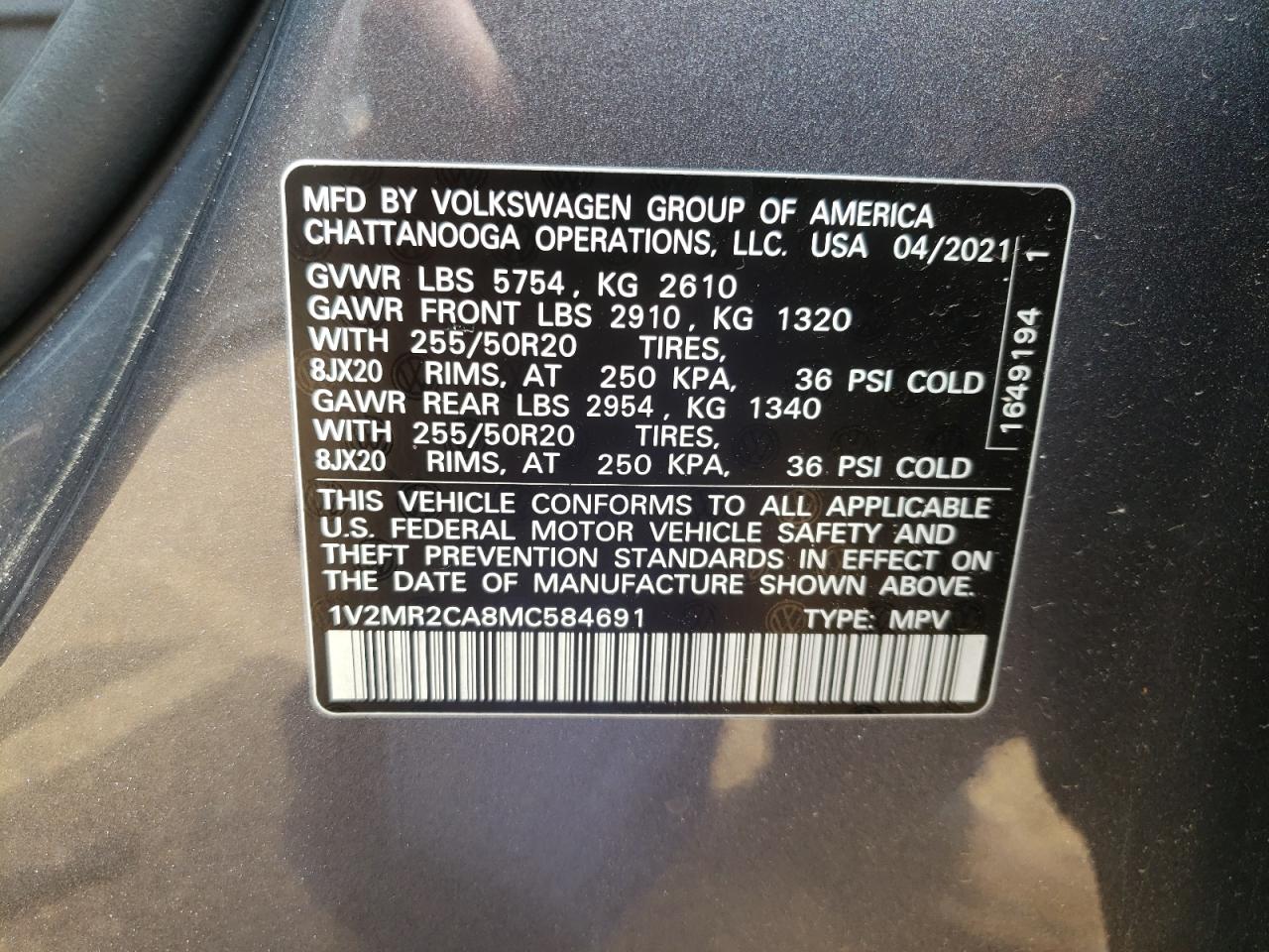 Photo 12 VIN: 1V2MR2CA8MC584691 - VOLKSWAGEN ATLAS 