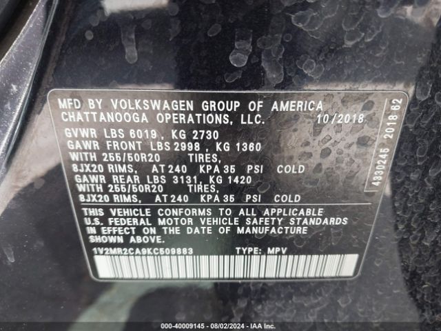 Photo 8 VIN: 1V2MR2CA9KC509883 - VOLKSWAGEN ATLAS 