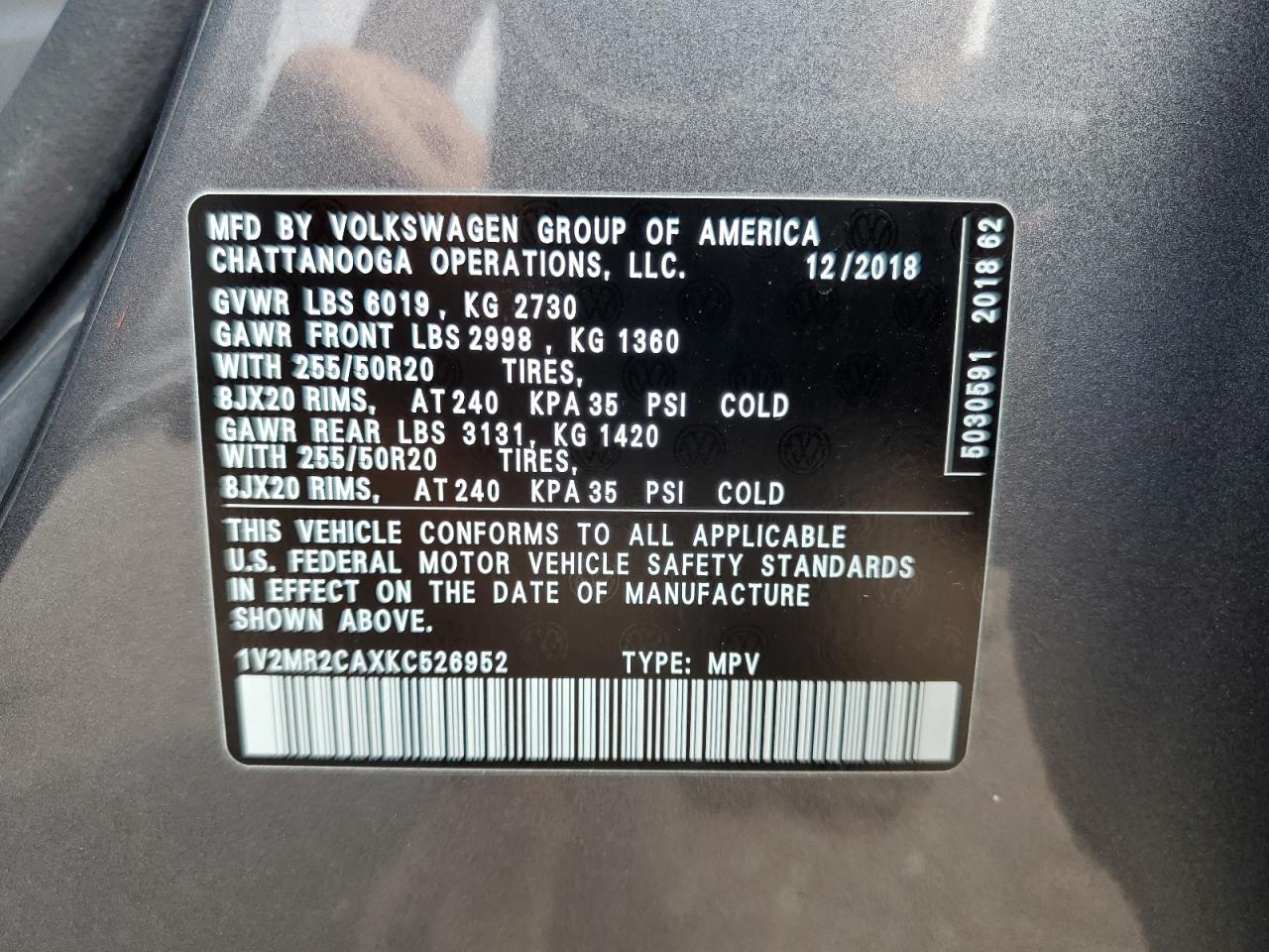 Photo 12 VIN: 1V2MR2CAXKC526952 - VOLKSWAGEN ATLAS 