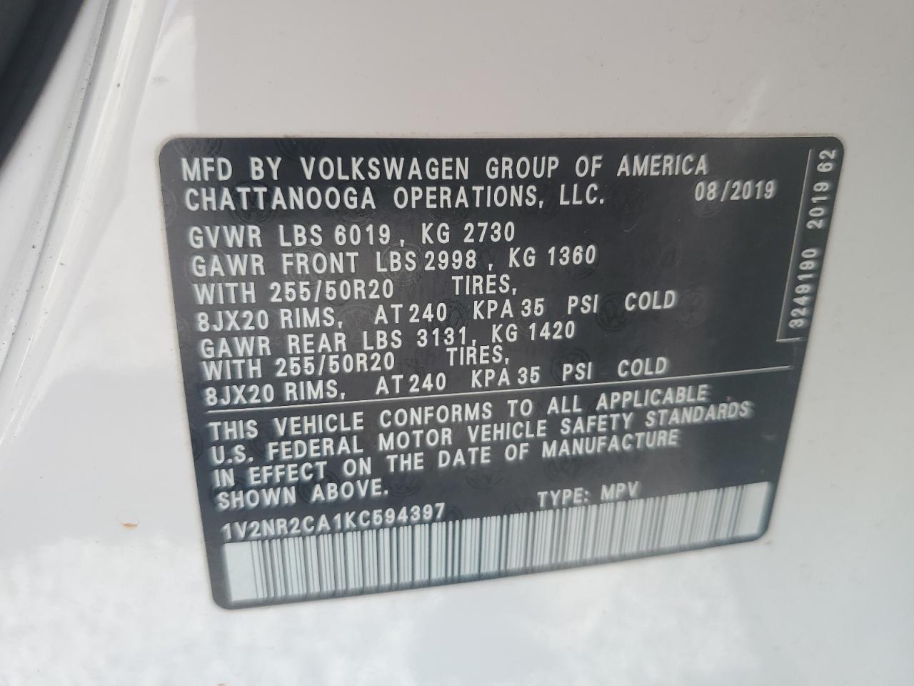 Photo 12 VIN: 1V2NR2CA1KC594397 - VOLKSWAGEN ATLAS 