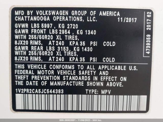 Photo 8 VIN: 1V2PR2CA5JC544383 - VOLKSWAGEN ATLAS 